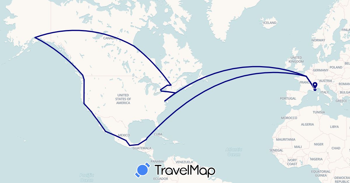 TravelMap itinerary: driving in Canada, France, Mexico, United States (Europe, North America)